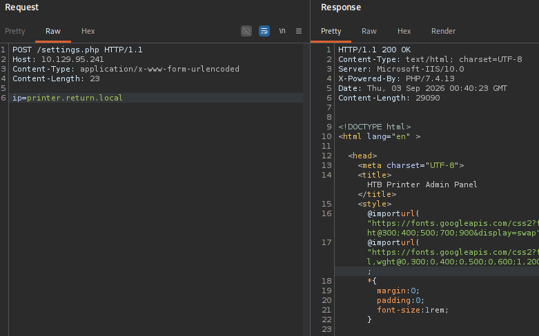 Burp Suite capture showing POST request to /settings.php with ip parameter