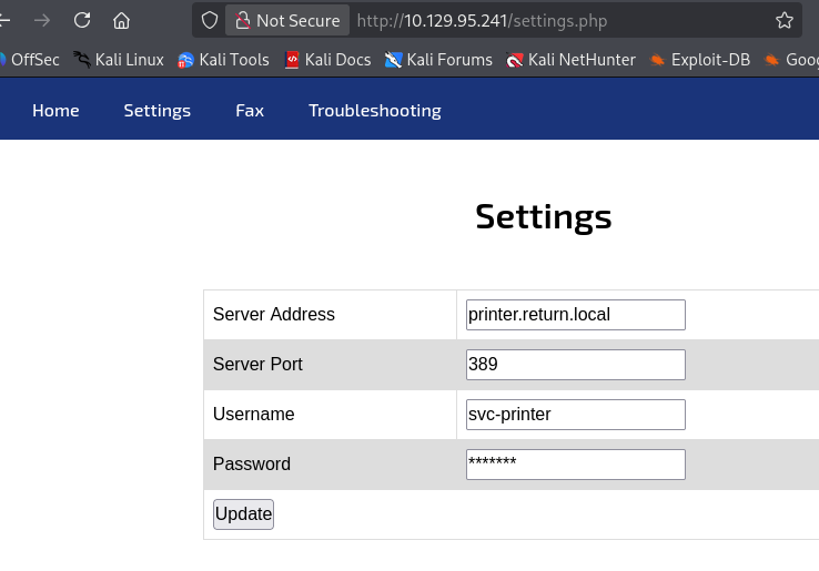 Printer Settings Page — LDAP configuration with server address, port, username, and masked password