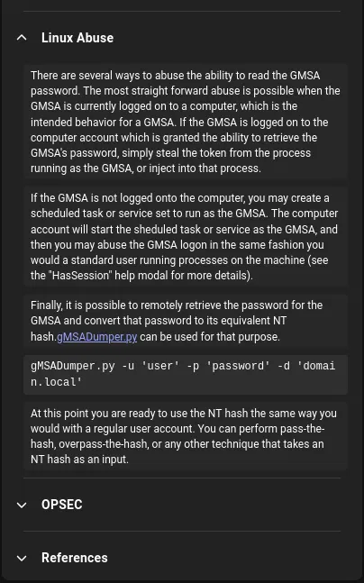 BloodHound ReadGMSAPassword edge details showing Linux abuse via gMSADumper.py