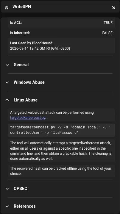 BloodHound WriteSPN edge details showing Linux abuse via targetedKerberoast.py